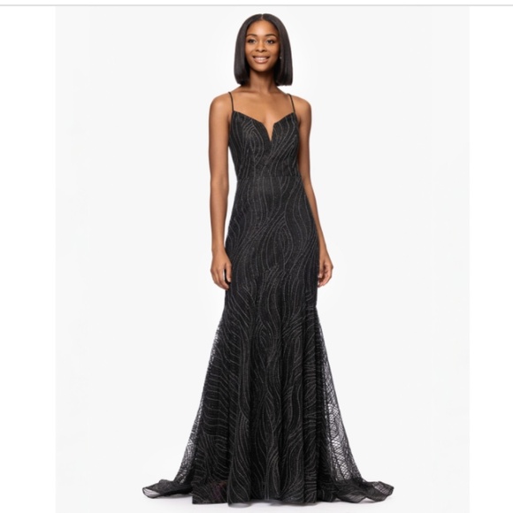 Blondie Nites Juniors' Glitter Trumpet-Skirt Gown - Black SZ:3 - Picture 2 of 4